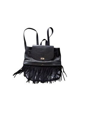 Valez Black Fringe Leather Backpack Embroidered Flap  Turn-Lock Closure Large
